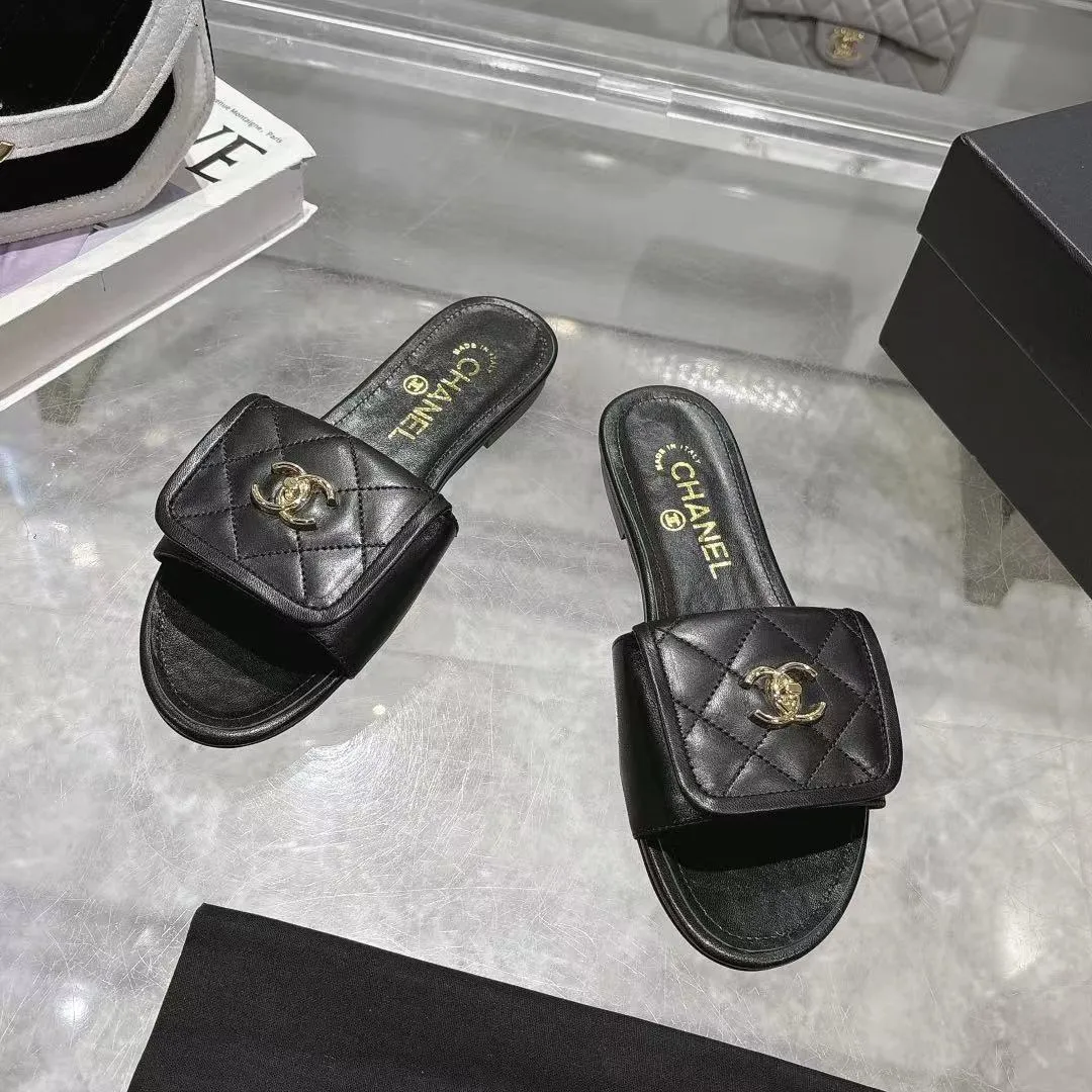 👟👟Ex-factory price 340👟👟Chanel Chanel 25C new women's double C schoolbag buckle flat sandals, fabric sheepskin, color: black: white: pink: apricot, code number: 5-40 (customized 41 42 43 customized non-refundable)